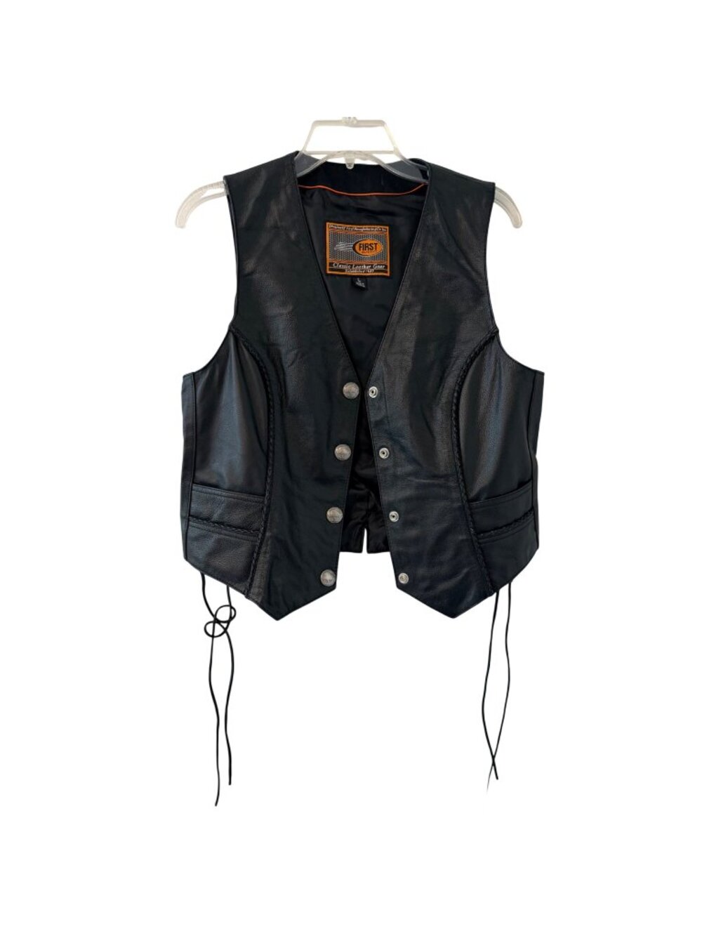 First Classics  Black Leather Vest W/ Coin Buttons & Adjustable Size L men vest